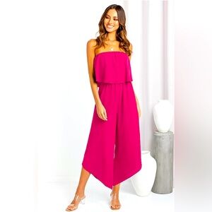 Angashion Women’s Jumpsuit- Sleeveless Ruffle Wide Leg Hot Pink - Medium